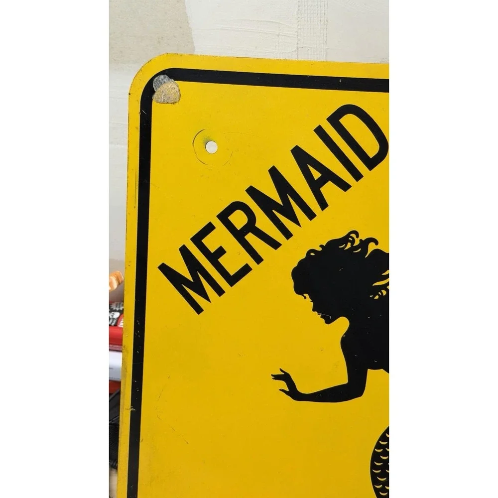 Vintage Mermaid Xing Metal Road Sign Yellow‎ 18x18 1993 Nautical Decor